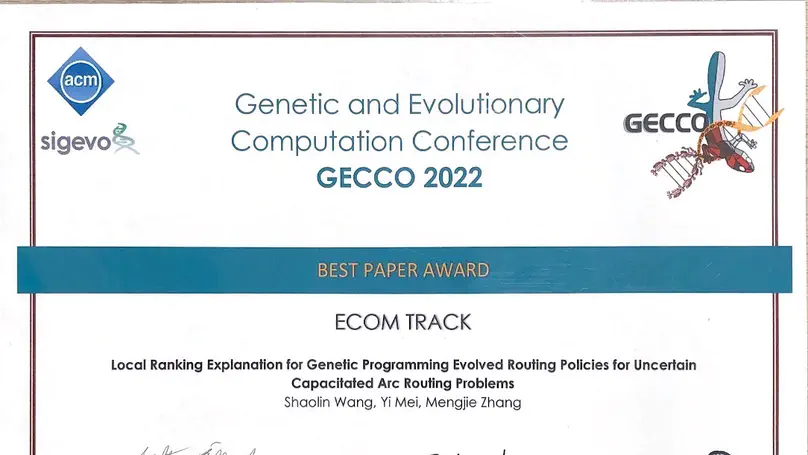 Shaolin Wang Wins the ECOM Track Best Paper Award at GECCO 2022